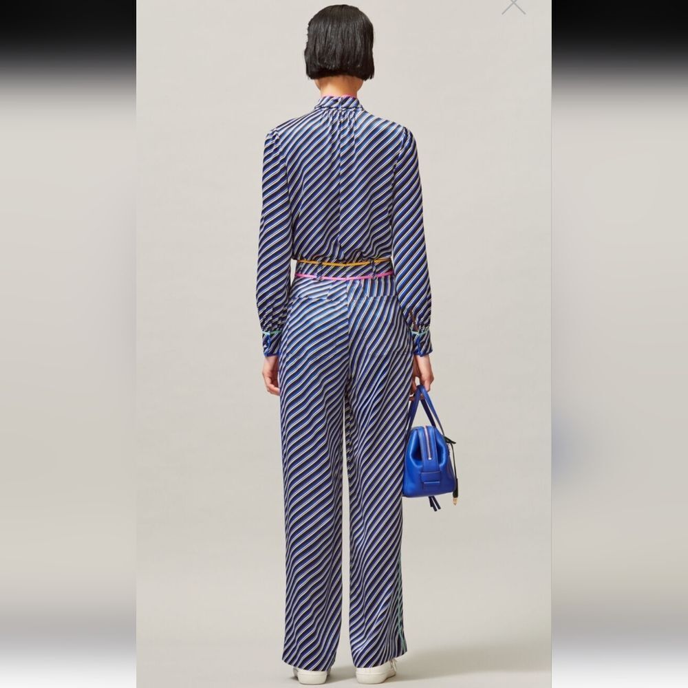 Tory Burch Blue and White Tie Front Long Sleeve Blouse - Picture 4 of 10